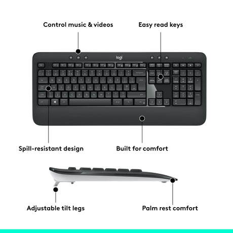 Logitech mk540 advanced draadloze desktopset (donkergrijs, eu lay-out (qwerty), 1000 dpi)