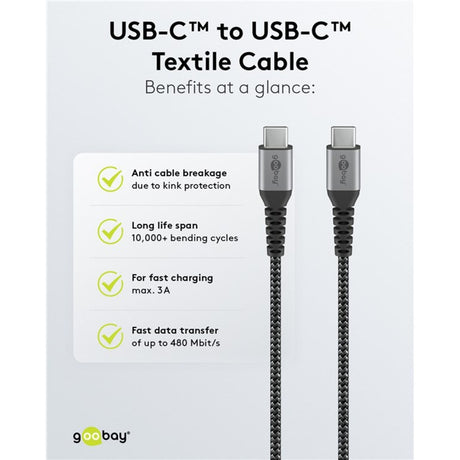 Goobay usb-c snellader nano (65 w) en usb-c textielkabel (zwart, 2x usb-c, 1x usb-a, 1 meter)