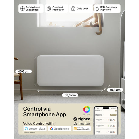 Mill steel wifi paneelverwarming pa1500wifi4a, 1500 watt convector (wit, wifi 2,4 ghz (wifi 6), bluetooth 5.2, zigbee 3.0 + app)