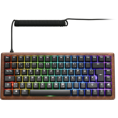 Sharkoon skiller sgk50 s3 wood pbt rgb mechanisch gaming toetsenbord (houtkleur, us lay-out (qwerty), gateron g pro 3.0 yellow, 75%, rgb leds)