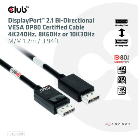 Club 3d gecertificeerde displayport 2.1 kabel (zwart, 1,2 meter, 8k)