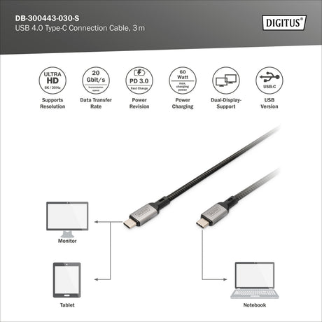 Digitus usb-c 4 gen2- usb-c-verbindingskabel (zwart grijs, 3 meter)