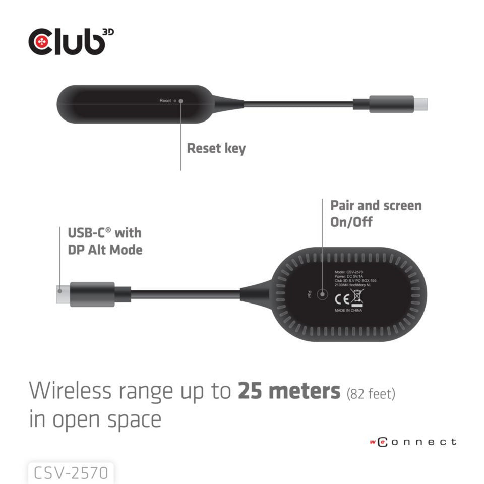 Club 3d wireless usb-c to hdmi transmitter and receiver adapter (zwart)
