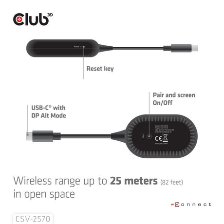 Club 3d wireless usb-c to hdmi transmitter and receiver adapter (zwart)