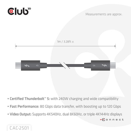 Club 3d thunderbolt 5 gecertificeerde 8k240hz kabel (zwart, data 80 120 gbps, epr 240 watt,1 meter)