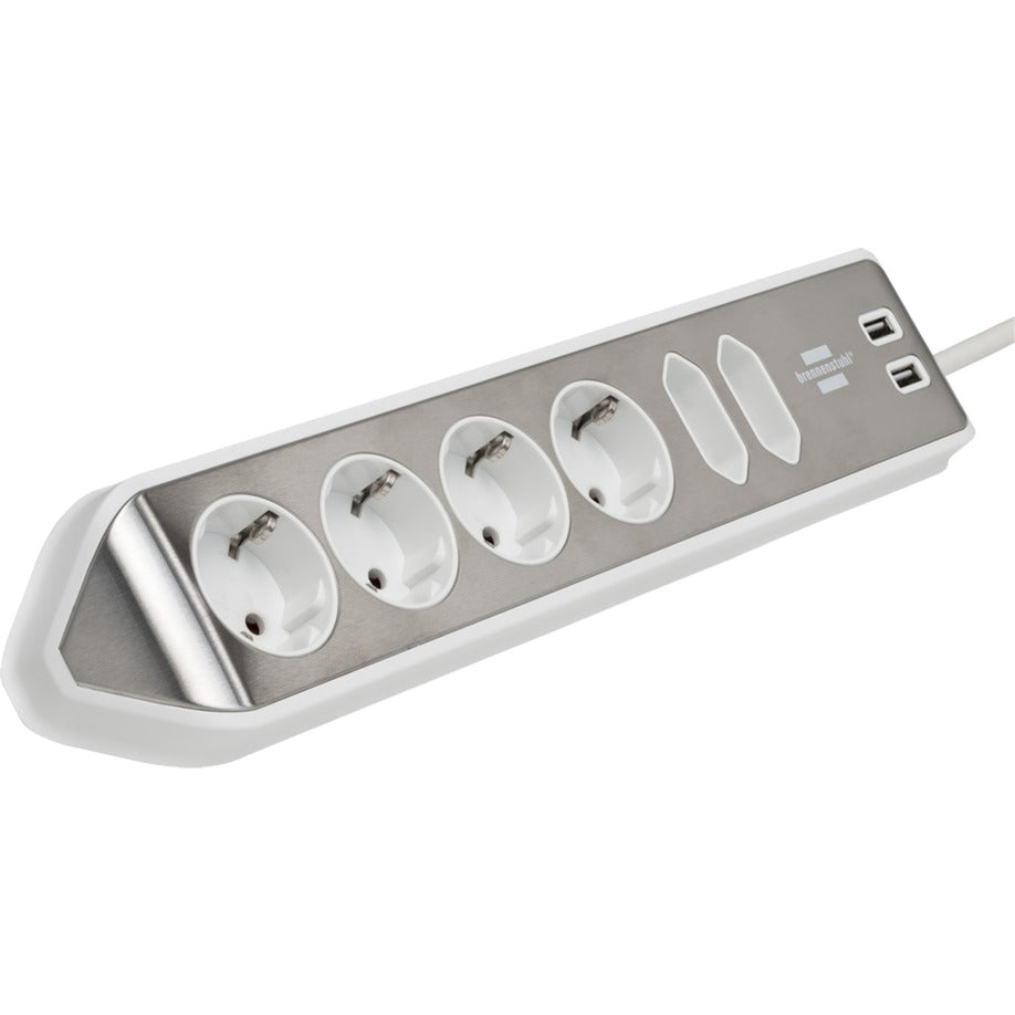 Brennenstuhl ®estilo hoekaansluitdoosstrook met usb laadfunctie 6-weg 4x beschermende contactdozen 2x euro zilver wit