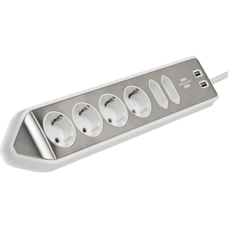 Brennenstuhl ®estilo hoekaansluitdoosstrook met usb laadfunctie 6-weg 4x beschermende contactdozen 2x euro zilver wit