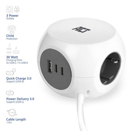 Act connectivity act stekkerdoos kubus met 3 stopcontacten, 30w power delivery usb-c a poorten, kabellengte 1,5m ac2420
