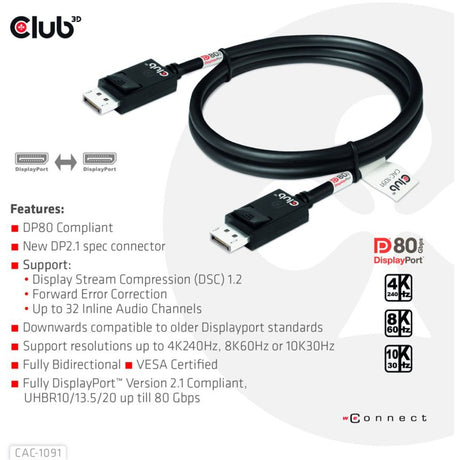 Club 3d gecertificeerde displayport 2.1 kabel (zwart, 1,2 meter, 8k)