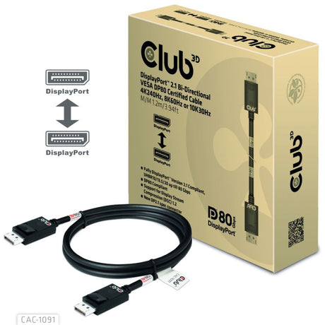 Club 3d gecertificeerde displayport 2.1 kabel (zwart, 1,2 meter, 8k)