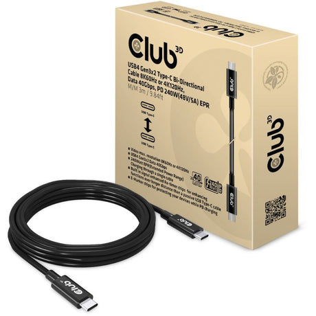 Club 3d usb4 gen3x2 type-c bi-directional kabel, 3 meter (zwart, 8k60hz of 4k120hz, data 40gbps, pd 240w(48v 5a) epr)