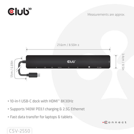 Club 3d 10-1 portable dock usb type-c 10gbps to hdmi 8k30hz pd3.1 max.140 watt dockingstation (zwart, hdmi, usb-c, lan)