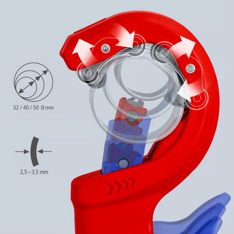 Knipex dpt50 buizensnijder voor dikwandige kunststof buizen ook kerngeschuimd snijden - capaciteit 32 - 50 mm - 202 mm - 90 23 02 bk