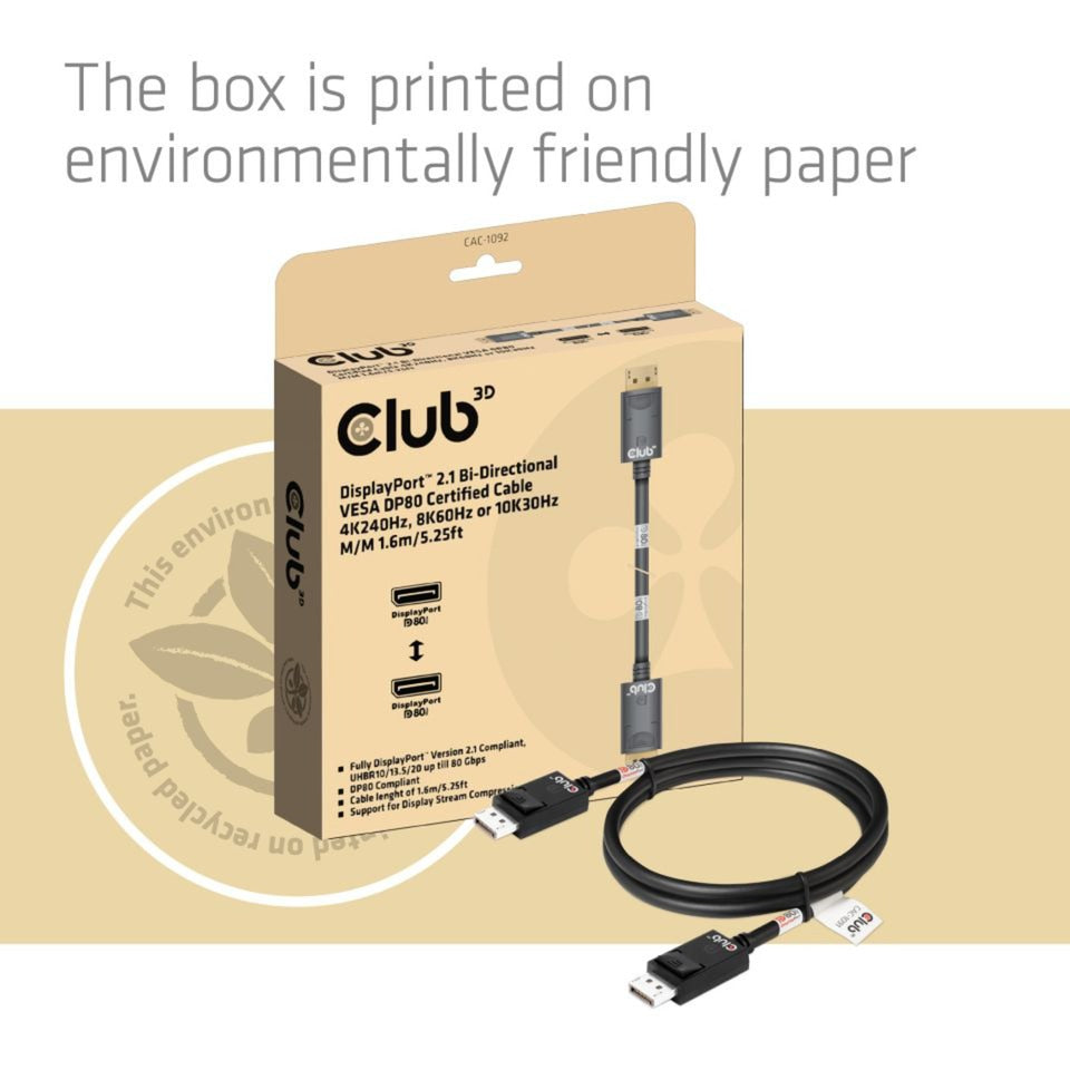 Club 3d gecertificeerde displayport 2.1 kabel (zwart, 1,6 meter, 10k)