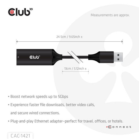 Club 3d usb-a naar rj45 ethernet 5gbps adapter (zwart)