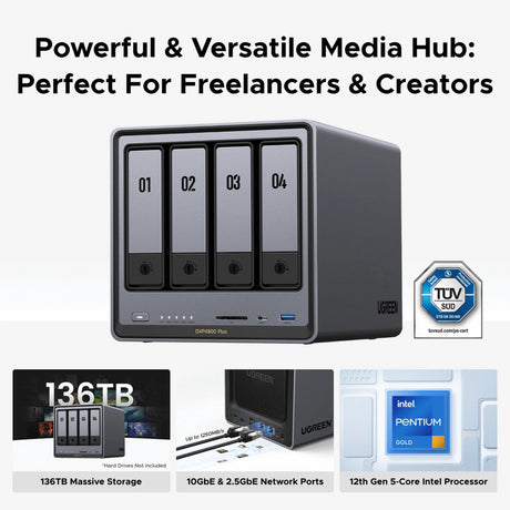 Ugreen nasync dxp4800 plus (grijs, 2.5gb-lan, 10gb-lan, hdmi, 4x usb-a, usb-c)