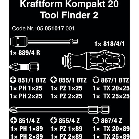 Wera kraftform kompakt 20 tool finder 2 met etui bitset (zwart groen, 13-delig)