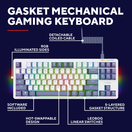 Trust gxt 872 xyra mechanisch tkl-gamingtoetsenbord (wit, us lay-out (qwerty), leobog seiya, 80% (tkl), rgb, hot swap)