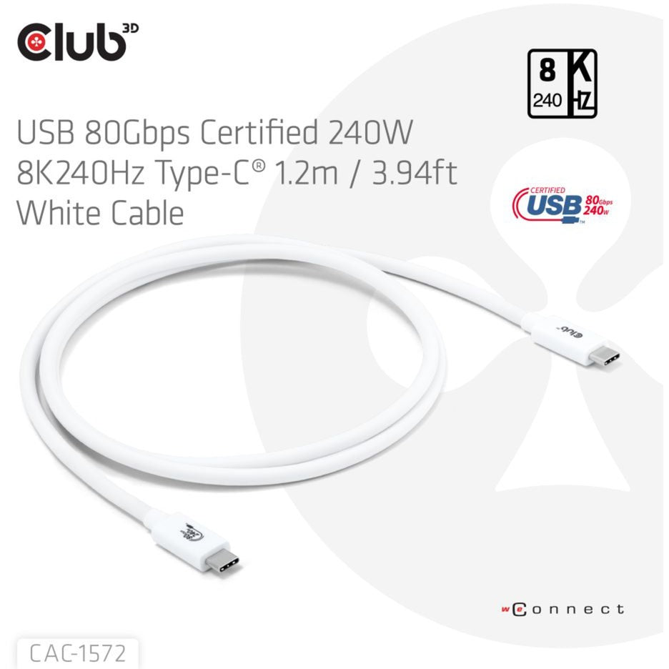 Club 3d gecertificeerde usb-c kabel (wit, 1,2 meter, 240 w)