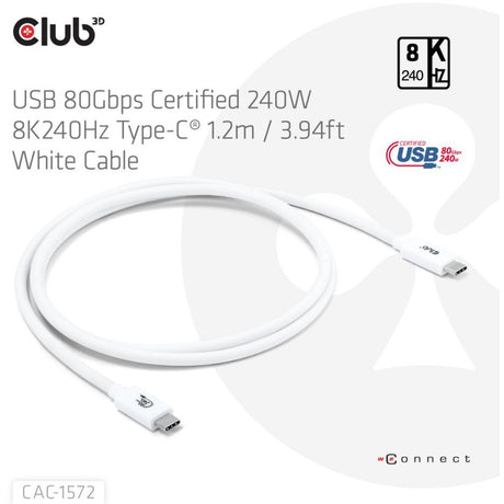 Club 3d gecertificeerde usb-c kabel (wit, 1,2 meter, 240 w)