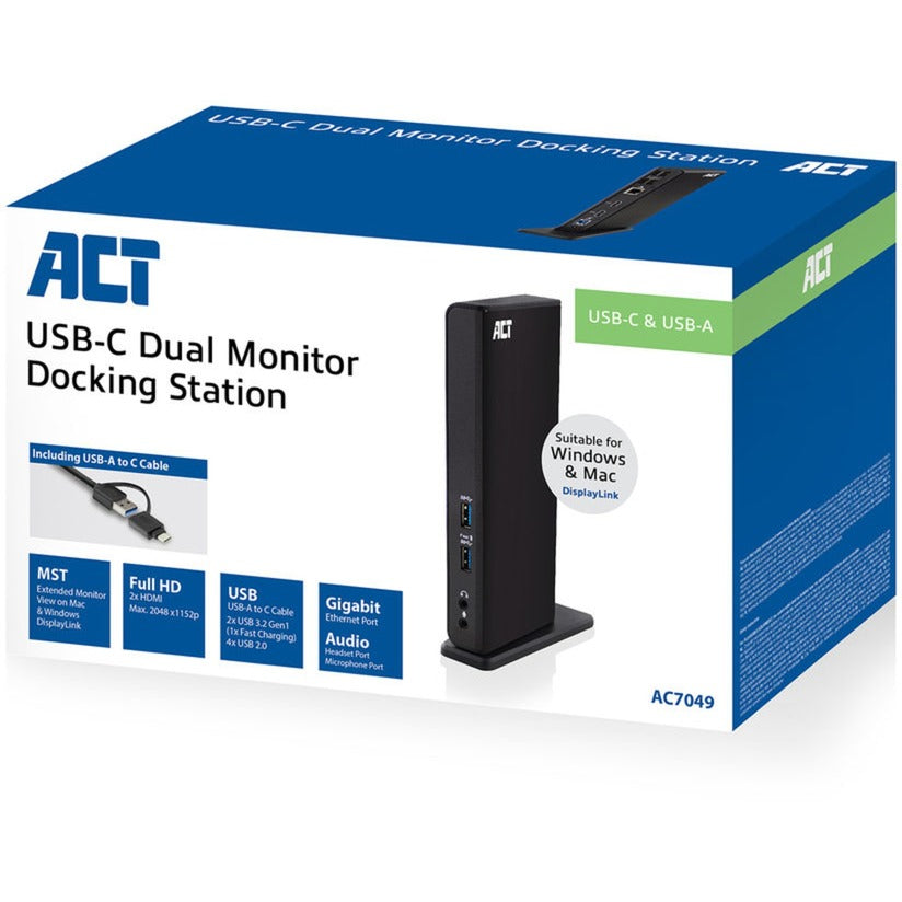 Act connectivity usb-c of usb-a dual monitor docking station (zwart)