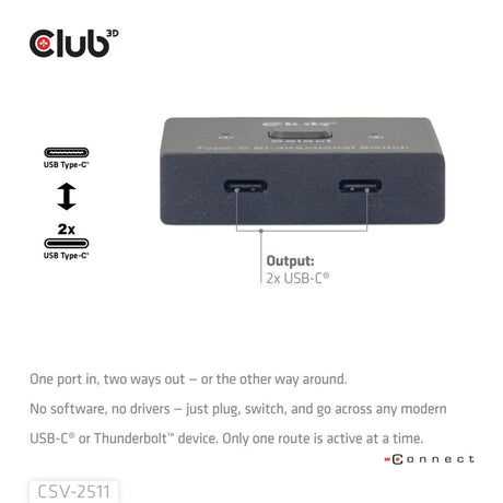Club 3d usb-c bi-directional video + data + pd switch usb-switch (zwart)