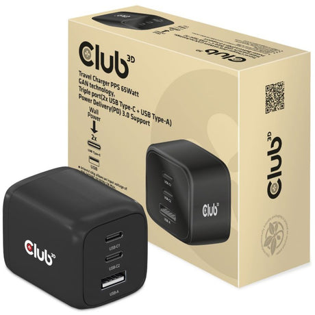 Club 3d travel charger 65w gan (zwart)