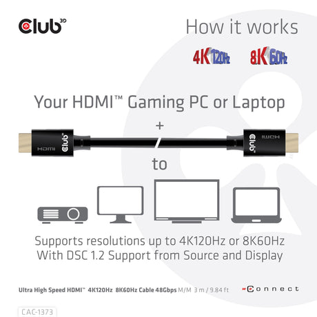 Club 3d gecertificeerde ultra high speed hdmi 2.1 kabel (zwart, 3 meter, 8k)