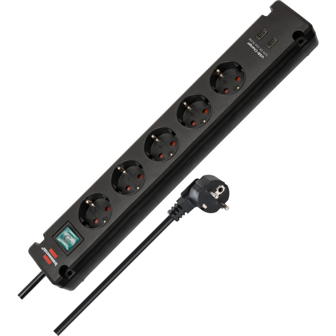 Brennenstuhl stekkerdoos 5-voudig met 2 usb c-laadpoorten (stekkerdoos usb c met schakelaar en 3m kabel, verdeeldoos voor wandmontage)