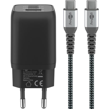 Goobay usb-c snellader nano (65 w) en usb-c textielkabel (zwart, 2x usb-c, 1x usb-a, 1 meter)