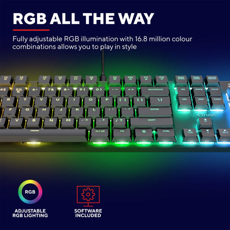 Trust gxt 866 torix mechanisch gaming toetsenbord (zwart, us lay-out (qwerty), huano red, 100%, rgb)