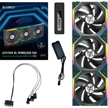 Lian li uni fan sl120 wireless rgb case fans (zwart, 3 stuks, 120 x 124.5 x 28 mm, pwm)