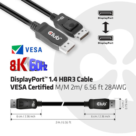 Club 3d displayport 1.4 hbr3 kabel (zwart, 2 meter, 8k)