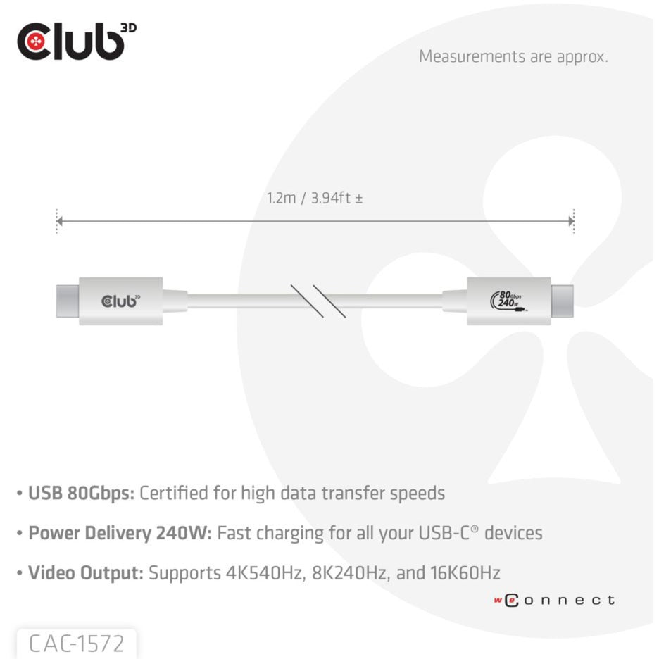 Club 3d gecertificeerde usb-c kabel (wit, 1,2 meter, 240 w)