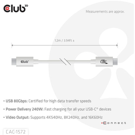 Club 3d gecertificeerde usb-c kabel (wit, 1,2 meter, 240 w)