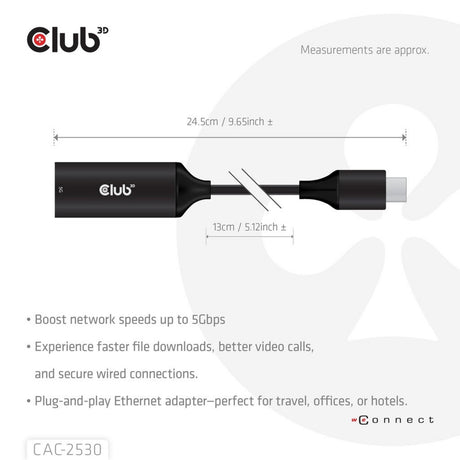 Club 3d usb-c naar rj45 5gbps ethernet m f adapter (zwart)