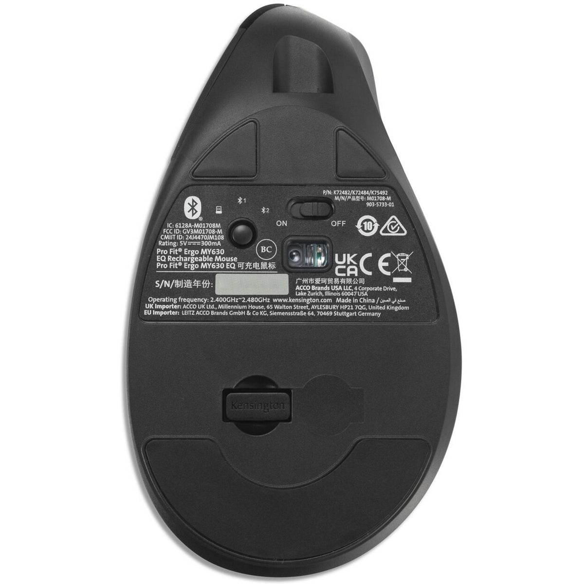 Kensington pro fit ergo my630 eq rechargeable mouse (zwart, 1000 - 2400 dpi, bluetooth, 2.4 ghz)