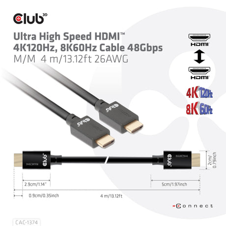 Club 3d gecertificeerde ultra high speed hdmi 2.1 kabel (zwart, 4 meter, 8k)