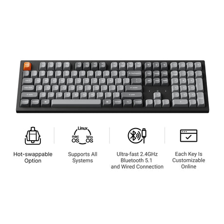 Keychron k10 max-h14 rgb mechanisch toetsenbord (zwart, us lay-out (qwerty), apex banana, 100%, rgb leds, osa double-shot pbt, hot swap, usb-c | 2.4 ghz | bluetooth 5.1)