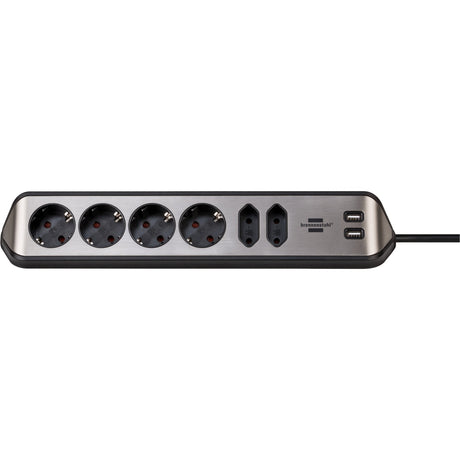 Brennenstuhl ®estilo hoekaansluitdoosstrook met usb laadfunctie 6-weg 4x b eschermend contactdoos 2x euro zilver zwart
