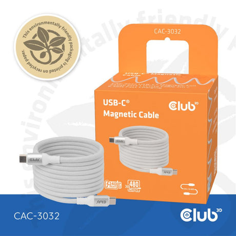 Club 3d usb-c magnetic-coil 240w pd3.1 white cable, 2 meter kabel (wit)