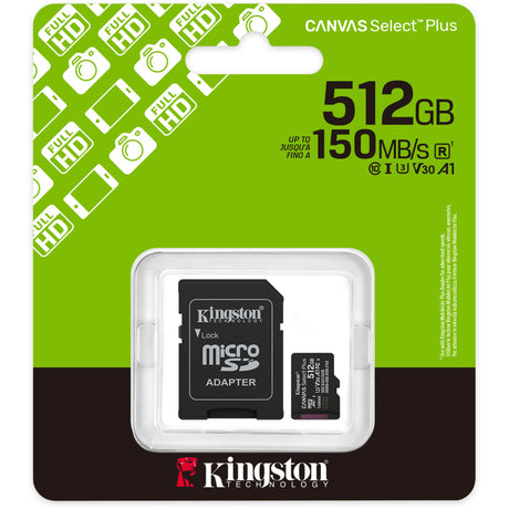 Kingston canvas select plus 512 gb microsdxc geheugenkaart (zwart, uhs-i u3, class 10, v30, incl. sd adapter)