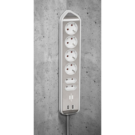 Brennenstuhl ®estilo hoekaansluitdoosstrook met usb laadfunctie 6-weg 4x beschermende contactdozen 2x euro zilver wit