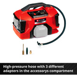Einhell accu compressor pressito 18 21 li solo - power x-change - 18 v li-ion - aanzuigcapaciteit hogedruk- lagedrukpomp: 21 370 l min - max. werkdruk hogedrukpomp: 10.5 bar - incl. 3-delige adapterset - excl. accu en lader