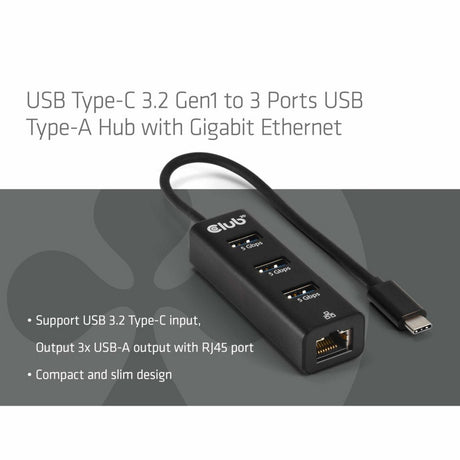 Club 3d usb‑c 3.2 gen 1 naar 3x usb‑a + ethernet dockingstation (zwart)