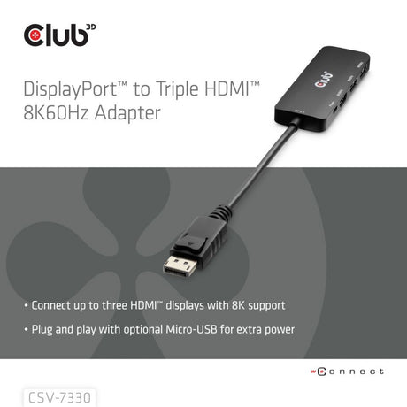 Club 3d displayport naar triple hdmi 8k60hz hub (zwart)
