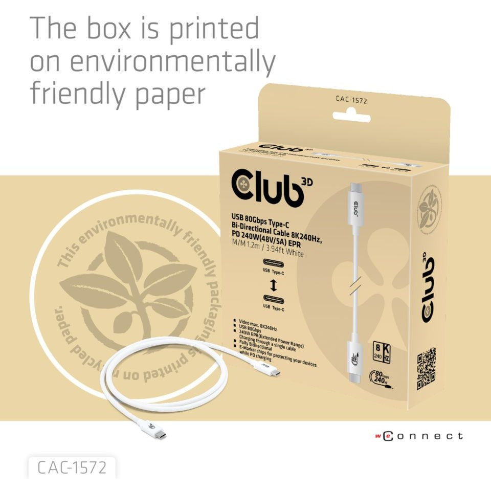 Club 3d gecertificeerde usb-c kabel (wit, 1,2 meter, 240 w)