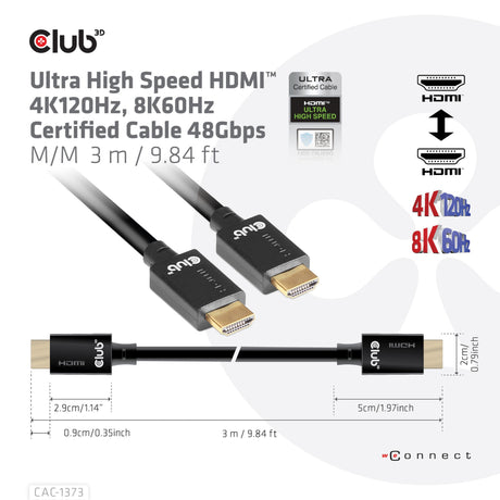 Club 3d gecertificeerde ultra high speed hdmi 2.1 kabel (zwart, 3 meter, 8k)