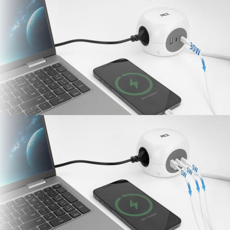 Act connectivity act stekkerdoos kubus met 3 stopcontacten, 30w power delivery usb-c a poorten, kabellengte 1,5m ac2420