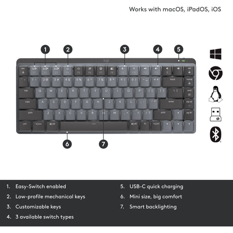 Logitech mx mechanical mini toetsenbord (zwart, us-international lay-out (qwerty), gl tactile, 80% (tkl), bluetooth)